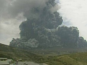A video grab from the Japan Meteorological Agency's live camera image shows an eruption of Mount Aso in Aso, Kumamoto prefecture, southwestern Japan, September 14, 2015. Mount Aso, a volcano located on Japan's southernmost main island of Kyushu, erupted on Monday, Japan's Meteorological Agency said, sending up huge plumes of grey ash and smoke. REUTERS/Japan Meteorological Agency/Handout via Reuters