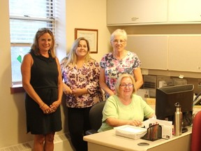 The Huron Hospice Volunteer Service moved to its new location inside the Clinton Public Hospital last November. The new site offers a bigger space and a more central location in the area. Picture here, from left to right, Jackie Simpson, Keshia Feeney, Kay Mailloux and Shirley Dinsmore (sitting). (Laura Broadley Clinton News Record)
