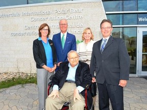 (From left) Margaret Redmond, president and CEO of the Assiniboine Park Conservancy; Hartley Richardson, chair of the Assiniboine Park Conservancy board, Doug Leatherdale; Louise Leatherdale, Conservation Minister Tom Nevakshonoff at Assiniboine Park and Zoo. (ASSINIBOINE PARK CONSERVANCY FACEBOOK PHOTO)