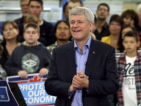 Conservative leader and Canada's Prime Minister Stephen Harper reacts during a campaign event at a factory in Stittsville, Ontario September 13, 2015. Canadians go to the polls in a national election on October 19, 2015. REUTERS/Chris Wattie