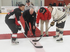 The Goderich Flyers opened their 2015-16 season this past weekend. After dropping at 8-1 decision in Hanover on Friday, the Flyers were downed once again at home 6-3 against Walkerton on Saturday night. A special ceremony was held before Saturday night’s game including words from Mayor Kevin Morrison and the ceremonial puck drop by members of the 1947 Fliers team, Harold “Red” Warren and Ken Doig Sr. (Dave Flaherty/Goderich Signal Star)