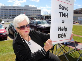 Luke Hendry/The Intelligencer
Belleville resident Shirley Warner pickets outside Belleville General Hospital in Belleville Monday. Supporters of Trenton Memorial Hospital say potential cutbacks there could also affect Belleville General's patients.