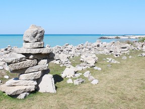 The Inuksuit installation created over several days by visitors to the Cove Beach in Goderich were destroyed sometime during the night of September 14. The Town of Goderich said they had no part in the destruction, adding that the work had to have been done by vandals. (Steph Smith/Goderich Signal Star)