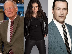 David Letterman; Orphan Black's Tatiana Maslany and Jon Hamm from Mad Men. (Handout photos)