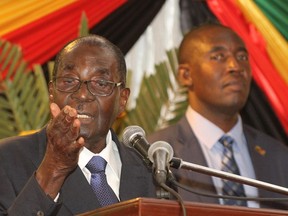 Zimbabwe's President Robert Mugabe gives the speech he intended to make at parliament on Tuesday, at a hotel in the Zimbabwean capital Harare September 15, 2015. The 91-year-old president read out the wrong speech at the opening of parliament on Tuesday, an error which the main opposition quickly used to question whether Africa's oldest leader was still of a sound mind. REUTERS/Philimon Bulawayo