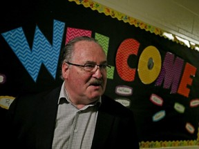 Alberta Transportation Minister Brian Mason talks to the media at Mee-Yah-Noh School 9228 - 128a Ave during a Traffic Safety Day event in Edmonton Alta., on Tuesday Sept. 15, 2015.  Tom Braid/Edmonton Sun