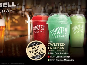 This promotional image provided by Taco Bell shows some of the alcoholic beverages the fast food chain says it will soon be offering at a location in Chicago. Another location in San Francisco will have beer and wine, but no mixed drinks. The restaurant design is called “Taco Bell Cantina” and features an open kitchen and a menu of “tapas-style” appetizers in the evening. (Taco Bell via AP)