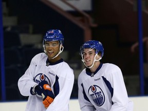 Darnell Nurse and Connor McDavid skate during the Oilers porspects camp earlier this summer. (Perry Mah, Edmonton Sun)