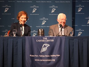 Jimmy Carter and wife Rosalynn speak during the former president's annual "Conversations with the Carters," on Tuesday, Sept. 2015, in Atlanta. AP Photo/Johnny Clark