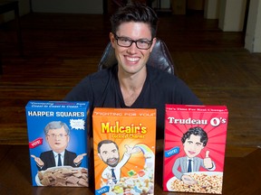 Jaime Christian plans to market these satirical cereal boxes about Canadian party leaders online. (DEREK RUTTAN, The London Free Press)