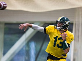 Mike Reilly takes part in Edmonton Eskimos practice at the Commonwealth Field House Tuesday.  Photo by Codie McLachlan/Edmonton Sun