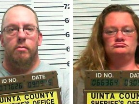 In this Tuesday, Sep. 15, 2015, photo released by the Uinta County Sheriff's Office, shows Joseph M. Richardson and Paulette L. Richardson. A Wyoming couple are charged with involuntary manslaughter after authorities say they tried to teach a 16-year-old a lesson by encouraging him to drink and he died of alcohol poisoning. Joseph M. Richardson and Paulette L. Richardson, from the town of Urie in southwestern Wyoming, are charged in the July 7 death of her son, Kendal Balls. An autopsy found the boy's blood-alcohol level was 0.587 percent, more than seven times the legal limit for drivers.(Uinta County Sheriff's Office via AP)