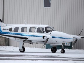 FILE -- A Keystone Air Service eight-seat Piper PA-31 Navajo sits at St.Andrews Airport, just north of Winnipeg, Tuesday, January 10, 2012. Eight people have been injured after the plane they were in crashed near Thompson, Man., on Tuesday.