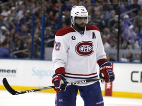 Montreal Canadiens defenseman P.K. Subban (76) during the first period of game three of the second round of the 2015 Stanley Cup Playoffs against the Tampa Bay Lightning at Amalie Arena. Kim Klement-USA TODAY Sports