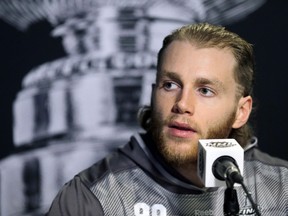 In this June 2, 2015, file photo, Chicago Blackhawks right wing Patrick Kane answers a question during media day for NHL hockey's Stanley Cup finals in Tampa, Fla.THE CANADIAN PRESS/ AP/Chris O'Meara, File