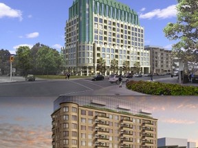 These drawings show a proposed design for a Mizrahi Developments condo project planned for Wellington St. West. The new design is on the top, above the old design. (Submitted images Ottawa Sun / Postmedia Network)