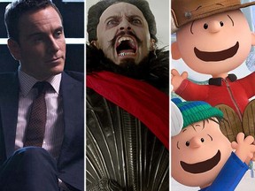 Michael Fassbender in Steve Jobs; Hugh Jackman in Pan; Charlie Brown in The Peanuts Movie. (Handout photos)
