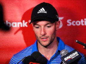 Toronto Maple Leafs goalie Jonathan Bernier speaks to media at the annual Leafs and Legends golf tournament in Milton Monday September 14, 2015. (Michael Peake/Toronto Sun)