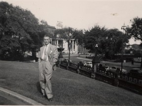 Marian Lamprecht cuts a stylish pose on Parliament Hill in post-war Ottawa, where he lived with his late wife Stefania before moving to St. Catharines and, later, to London, Ont. Childless, and widowed, the Nazi labour camp survivor from Poland died recently at age 100. Known as the Bird Man of London, he had a passion for feeding birds from his days spent behind barbed wire, watching the birds whose freedom fueled his hopes of one day being liberated himself. SPECIAL TO POSTMEDIA NETWORK