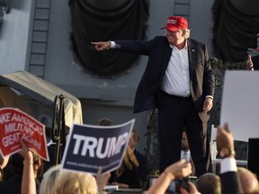 Republican presidential candidate Donald Trump gives a national security speech aboard the World War II Battleship USS Iowa, September 15, 2015, in San Pedro, California.  (AFP PHOTO /Robyn Beck)