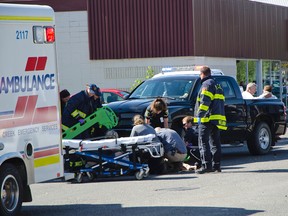 Charges are pending for a 67-year-old women after a collision with a man driving a four wheel mobility scooter at the Main St. and Hewetson Ave. intersection on Tuesday, Sept. 15. John Stoesser photo/Pincher Creek Echo.