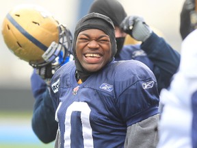 Henoc Muamba, shown here practising with the Winnipeg Blue Bombers in 2012, is currently on a tour of CFL franchises as a free agent. (Postmedia Network file)