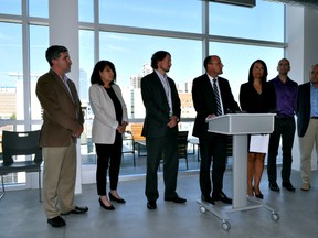 Members of the newly announced Mayor’s Advisory Panel on Poverty are introduced September 16, 2015 in London Ont. From left to right: Andrew Lockie, CEO of United Way London and Middlesex, Helene Berman, professor and associate dean (research) of Western University’s Faculty of Health Sciences, Dr. Christopher Mackie, medical officer of health and CEO of the Middlesex-London Health Unit, Mayor Matt Brown, Coun. Maureen Cassidy, Abe Oudshoorn, assistant professor at Western University’s Arthur Labatt Family School of Nursing and Glen Pearson, co-director of the London Food Bank. CHRIS MONTANINI\LONDONER\POSTMEDIA NETWORK