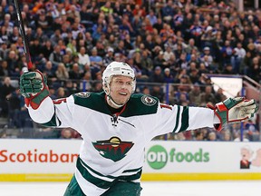 Minnesota Wild forward Dany Heatley (15) celebrates after scoring against the Edmonton Oilers in the third period at Rexall Place. Perry Nelson-USA TODAY Sports