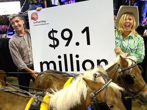 Andrew Lockie, chief executive of the United Way London and Middlesex, and 2015 campaign chairperson Anna Iacobelli display this year?s fundraising goal during the annual Harvest Lunch at Budweiser Gardens last fall. (File photo by MORRIS LAMONT, The London Free Press)