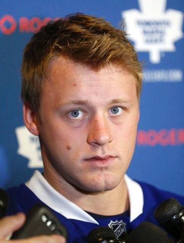 Leafs defence man Morgan Rielly speaking to media at the opening of Toronto Maple Leafs training camp at the MasterCard Centre iin Toronto on Thursday September 17, 2015. Michael Peake/Toronto Sun/Postmedia Network