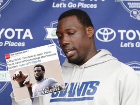 Pictures of Giants defensive end Jason Pierre-Paul's injured hand were published by the New York Daily News on Thursday, Sept. 17, 2015. (Seth Wenig/AP Photo/File)