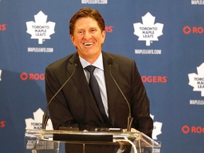 Leafs coach Mike Babcock speaks to media at the opening of Toronto Maple Leafs training camp at the MasterCard Centre in Toronto on Thursday September 17, 2015. (Michael Peake/Toronto Sun)