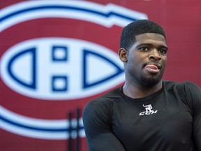 Montreal Canadiens defenceman P.K. Subban stretches during the first day of training camp Thursday, September 17, 2015 in Brossard, Que. (THE CANADIAN PRESS/Paul Chiasson)