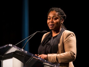 Keynote speaker Tonika "Toni" Morgan speaks about her move from being homeless to Harvard during the United Way Alberta Capital Region's 2015 campaign launch at Shaw Conference Centre in Edmonton, on Thursday September 17, 2015. (IAN KUCERAK/Edmonton Sun)