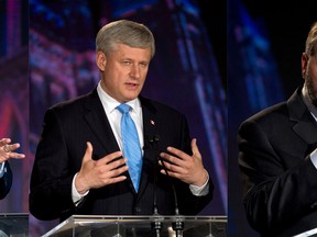 From left to right, Liberal Leader Justin Trudeau, Conservative Leader Stephen Harper and NDP Leader Tom Mulcair are seen at various points during the Globe and Mail leaders' debate, in this photo illustration, on Thursday, September 17, 2015. THE CANADIAN PRESS/Sean Kilpatrick
