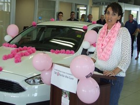 HAROLD CARMICHAEL/THE SUDBURY STAR
Christine Smrke, a breast cancer survivor, speaks at a CIBC Run for the Cure press conference Thursday at Cambrian Ford.