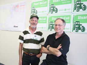 Nickel Belt Green candidate Stuart McCall and Sudbury Green candidate David Robinson held the grand opening of their shared election headquarters at 450 Notre Dame Avenue in Sudbury, Ont. on Thursday, September 17, 2015. Gino Donato/Sudbury Star/Postmedia Network