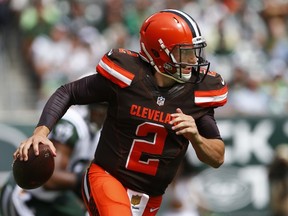Quarterback Johnny Manziel #2 of the Cleveland Browns runs against the New York Jets during the first quarter at MetLife Stadium on September 13, 2015 in East Rutherford, New Jersey. The Jets won 31-10.   Rich Schultz /Getty Images/AFP