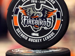 FLINT, MI - SEPT 9, 2015 - A puck displaying the Flint Firebirds logo is shown Wednesday, September 9, 2015, in Flint, MI. where the team is preparing for their inaugural season in the Ontario Hockey League. (DAN JANISSE/The Windsor Star)