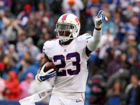 Buffalo Bills free safety Aaron Williams celebrates his interception against the Indianapolis Colts at Ralph Wilson Stadium. (Timothy T. Ludwig/USA TODAY Sports)