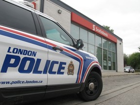 London police are investigating after multiple suspects robbed the Scotiabank branch at 950 Hamilton Rd., just east of Highbury Avenue, on Friday, Sept. 18, 2015. (DALE CARRUTHERS, The London Free Press)
