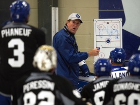 Toronto Maple Leafs' head coach Mike Babcock runs the training camp at the BMO Centre in Halifax, N.S., on Friday, Sept. 18, 2015. (THE CANADIAN PRESS/Andrew Vaughan)