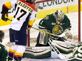 Erie Otters? Taylor Raddysh fails to knock a rebound past London Knights goalie Tyler Parsons during the first period of their OHL exhibition game at Budweiser Gardens on Friday night. (DEREK RUTTAN, The London Free Press)