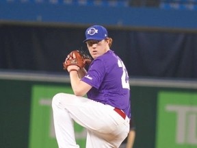 Zach Demchenko pitched a three-hit shutout to help his Prairies Purple team win the third annual Tournament 12 event on Sept. 18, 2015, at the Rogers Centre. (TYLER KING/Photo)