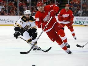 In this April 2, 2015, file photo, Detroit Red Wings defenceman Marek Zidlicky (28) skates around Boston Bruins defenceman Dennis Seidenberg (44) during an NHL hockey game in Detroit. The New York Islanders signed Zidlicky to a one-year contract Friday, Sept. 18, 2015. (AP Photo/Paul Sancya, File)