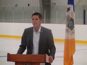 Mayor Brian Bowman addresses media at the opening of the Transcona East End Community Club on Saturday. (Jim Bender/Winnipeg Sun/Postmedia Network)