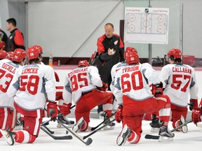 Red Wings coach Jeff Blashill goes over strategy with the team during NHL hockey training camp Saturday, Sept 19, 2015 at Centre ICE in Traverse City, Mich. (AP Photo/John L. Russell)