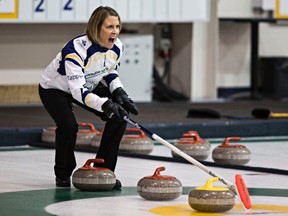 Skip Stefanie Lawton calls the play during her match against Kristen Streifel's rink during the 2015 HDF Shoot Out at the Saville Community Sports Centre in Edmonton, Alta. on Saturday, Sept. 19, 2015. Codie McLachlan/Edmonton Sun/Postmedia Network