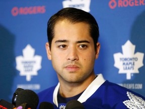 Leafs hopeful Devin Setoguchi speaks to media at the opening of Toronto Maple Leafs training camp at the MasterCard Centre in Toronto on Thursday September 17, 2015. (Michael Peake/Toronto Sun/Postmedia Network)