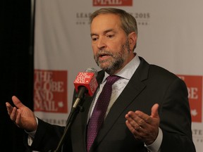 NDP Leader Thomas Mulcair speaks to the media after taking part in the leaders' debate at the BMO Centre in Calgary, Alta. September 17, 2015. (Stuart Dryden/Calgary Sun)